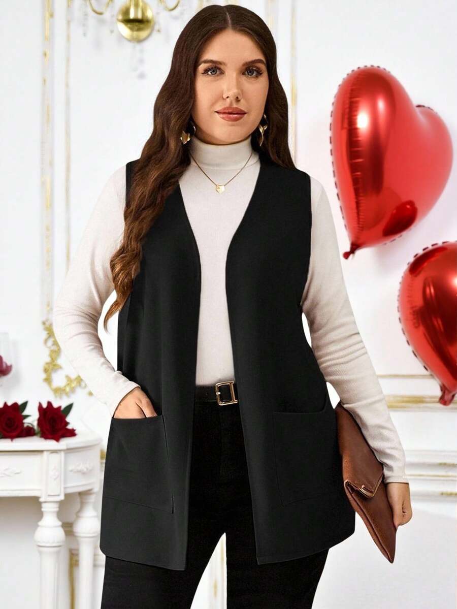 Miaspire Plus Size Solid Color Sleeveless Loose Pocket Simple Casual Jacket,Spring/Summer,Summer Clothes,Vacation Outfits Woman / Vacation In Fall/Winter - Black - View 1