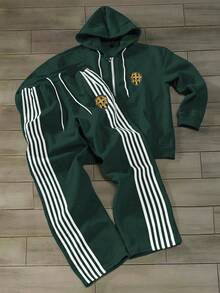 Manfinity Roghcode 男士休闲拉链连帽衫和条纹运动裤套装，秋季 - 墨綠色 - 查看 3