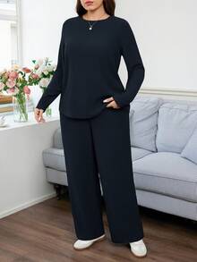 SHEIN LUNE 两件套加大码休闲纯色长袖上衣和迷彩印花长裤套装，春秋季日常休闲穿着，必备单品，迷彩印花两件套度假装 - 藏蓝色 - 查看 3