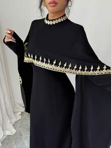 Elenzga 女士优雅时尚通勤休闲舒适迷人复古浪漫假日女士长袖圆领A字下摆披肩设计金色蕾丝边纯色连衣裙 - 黑色 - 查看 9