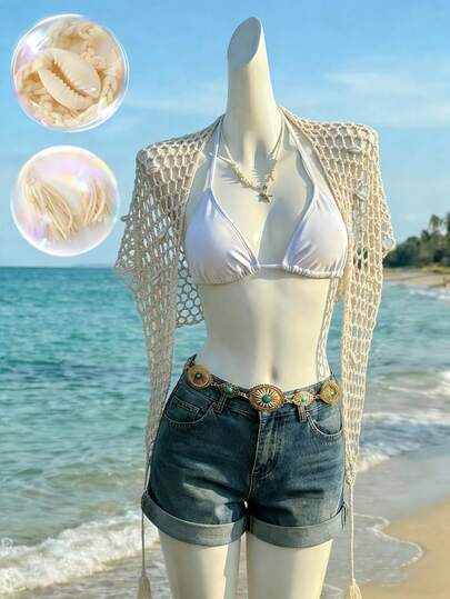 GlowEve Apricot Hollow Out Cardigan With Shell Decor, Casual Beach Vacation Style, Spring/Summer