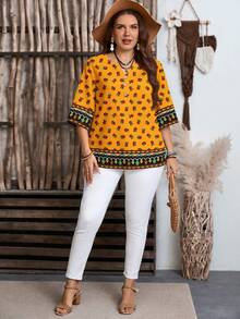 EMERY ROSE Plus Size Casual Vintage Floral Print V-Neck Blouse, Suitable For Summer, Summer Top, Yellow Top,Vacation/Summer/Spring - Multicolor - View 6