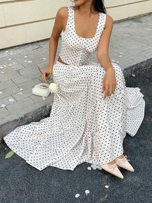 MainGRL 女士波点单排扣上衣搭配抽绳腰带蛋糕裙，时尚约会度假装扮 - 米色 - 查看 4