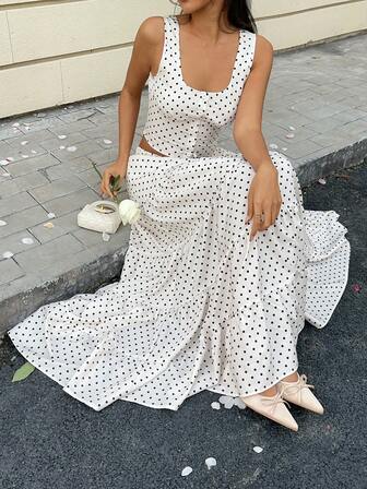 MainGRL Women's Polka Dot Single-Breasted Top And Drawstring Waist Cake Skirt Fashion Date Vacation Outfit