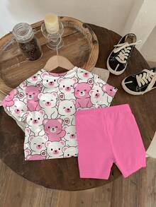 SHEIN Baby Girl Casual Cute Cartoon Bear Print Outfit, Fashionable , Cream Pink, Round Neck Short Sleeve T-Shirt And Leggings Set, Suitable For Spring/Summer, Daily Wear, Matching Sisters, Vacation, Y2K Style Cute Toddler Sets Baby Girl Short Sleeve Two Piece Set For Baby Girls Baby Girl Clothes Summer Sets Bear Girls Clothing - Multicolor - View 4