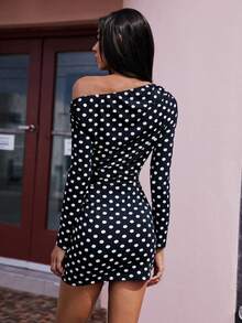 Opulessa 女士波点修身斜肩长袖优雅连衣裙 - 黑色 - 查看 3