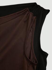 Sweetra 2pcs Women Asymmetric Fitted Casual Tank Top Set, Fashionable & Versatile, Spring/Summer - Multicolor - View 5