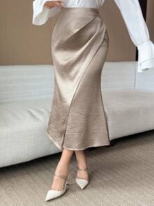 DAZY Women's Elegant Solid Color Pleated Asymmetric Skirt, Autumn/Winter - Khaki - View 5