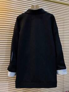 Franclia 大码女式条纹拼接休闲宽松长袖卫衣 - 黑色 - 查看 2