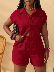 Slaydiva 新款休闲度假宽松女式纹理面料纽扣衬衫和打结短裤休闲夏季套装 - 紅色 - 查看 5