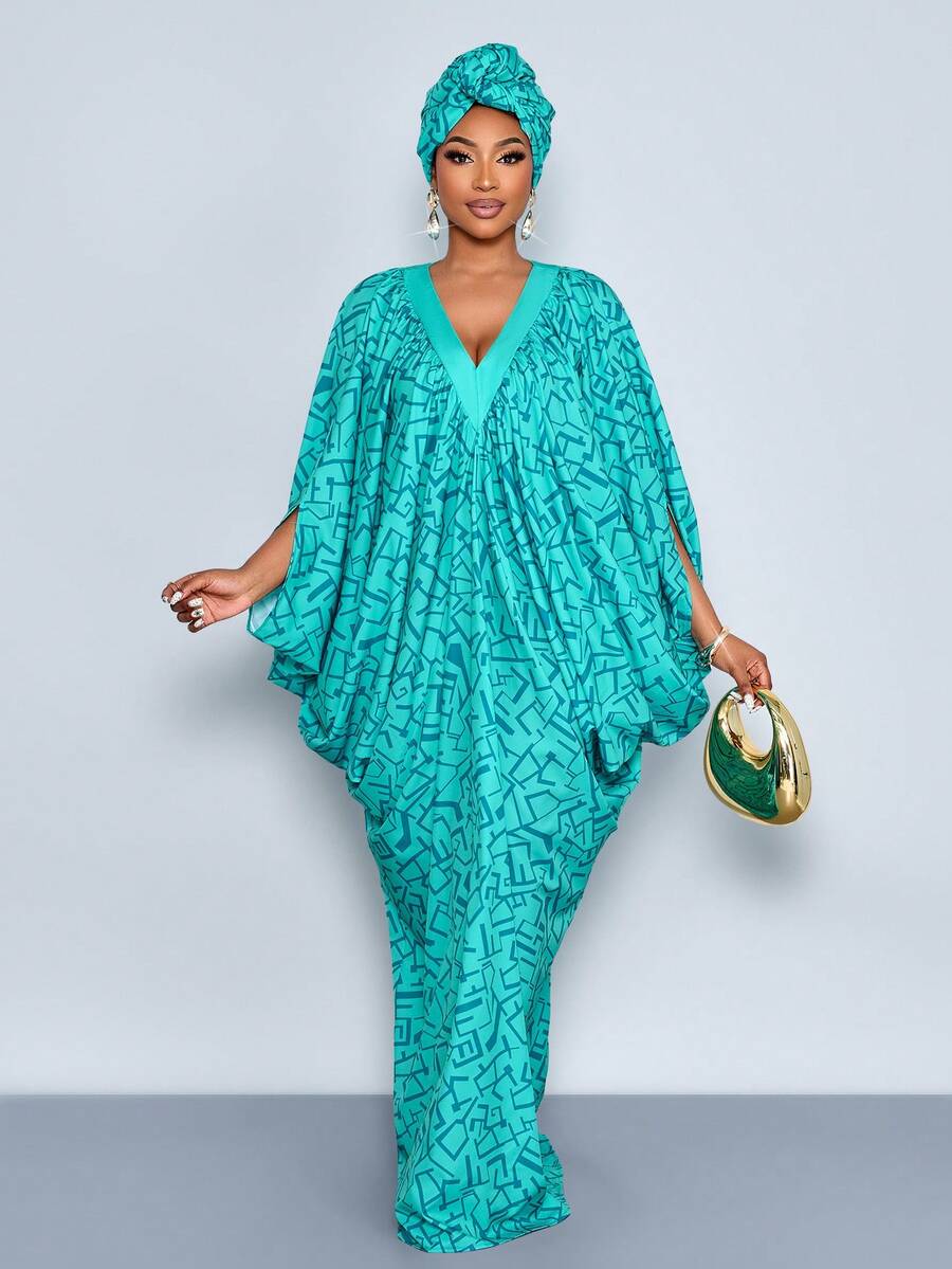 SOLERSUN Plus-Size Light Teal Summer Boho Vacation Al-Adha Women V-Neck Abstract Geometric Print Long Dress,Loose Fit Pleated Layered Cocoon Shape Kaftan