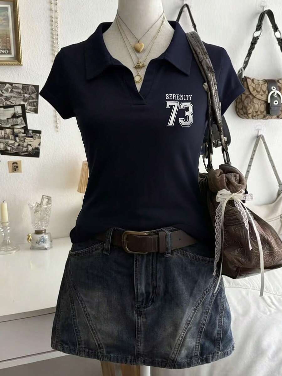 Lalippa Women's Letter Print Lapel Short Sleeve Casual Top - Royal Blue - View 1