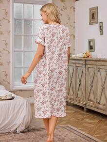 CottageSlumber Floral Print Ruffle Hem Bubble Crinkle Women Nightgown - Apricot - View 2