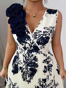 Elenzga 加大码杏色花卉印花3D立体花卉装饰褶裥收腰A字V领及地连衣裙 - 杏色 - 查看 5