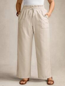 Zelara 大码女式休闲纯色直筒裤，适合夏季假期、情人节、春假等各种场合。 - 卡其色 - 查看 6