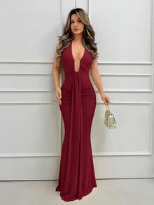 Jemour 优雅黄色奶油性感深V领连衣裙，黄色连衣裙，优雅长裙，春夏 - 酒紅色 - 查看 5