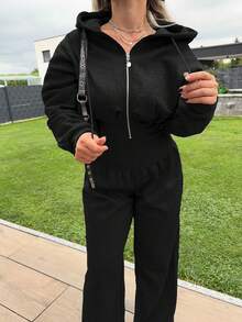 Jeta Ari 连帽拉链连体裤 收腰 休闲 休闲装 胶囊衣橱 基本款 日常装 商务 办公室工作 返校装 秋冬装 秋季 机场装 黑色 圣诞节 拉链 - 黑色 - 查看 3