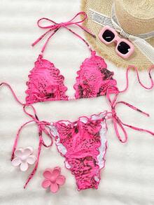 Swim SXY Bikini 2 pièces sexy et mignon pour femmes avec imprimé floral aléatoire, triangle, cordon de serrage, attache au cou, nœud au dos, taille avec lien et volants - Multicolore - Voir 4