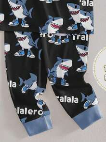 1set Young Boys Tight Fit Pajamas, Fashionable Cute Cartoon Sneaker & Blue Shark All-Over Print, Elastic Fabric Crew Neck Short Sleeve Top And Pants, Spring/Summer - Black - View 4