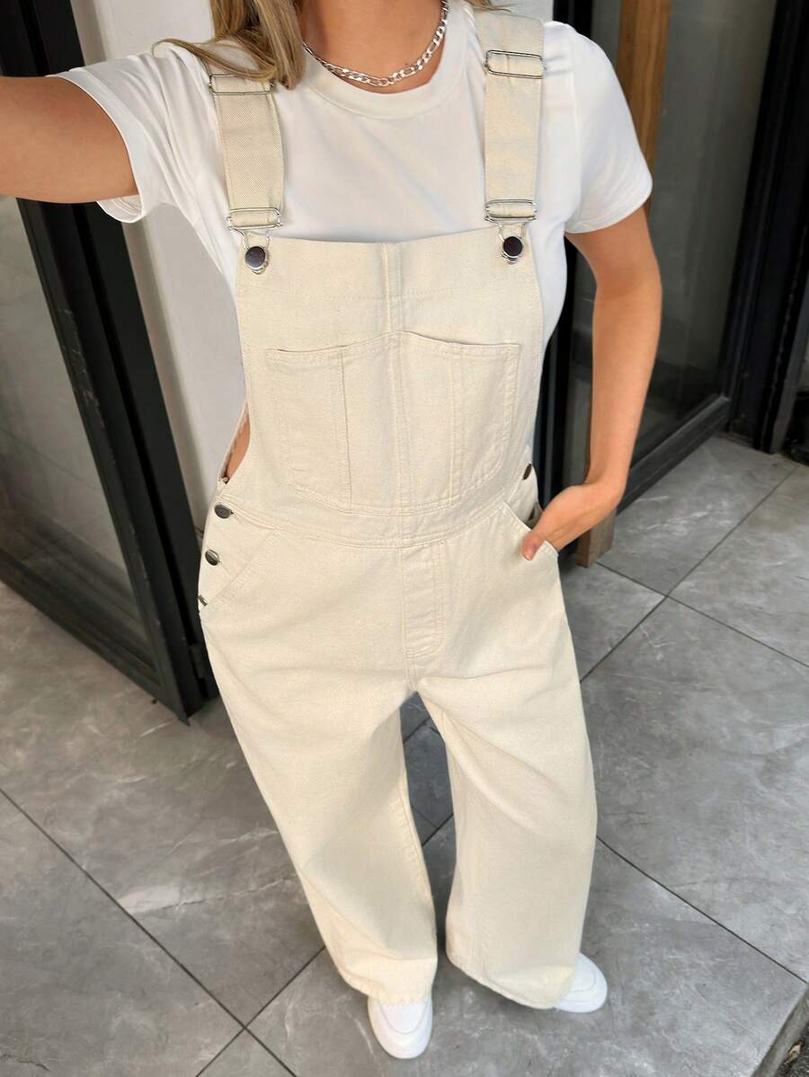 EURMUSE Women's Solid Color Minimalist Everyday Denim Overalls Jumpsuit - Beige - View 1