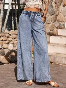 Breezaya Women's Elastic Waist Floral Denim Wide Leg Pants - Light Wash - View 1
