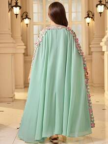 Tween Girl Loose Elegant Gold Lace Ribbon Decor Long Cardigan Dress Set - Multicolor - View 4