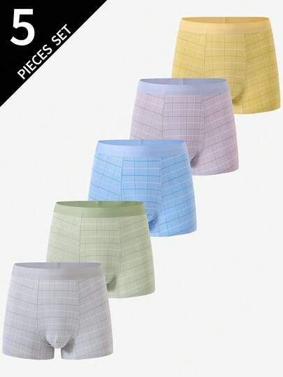 Teen Boys Trunks-Boxer Briefs Pastel Plaid 5 Pack Multi Color Comfortable Breathable Stretch Waistband Supportive Pouch Seamless Feel Everyday Sleep Sport Travel Casual Modern Minimalist Gift Holiday 2026 New Year Essential All Season