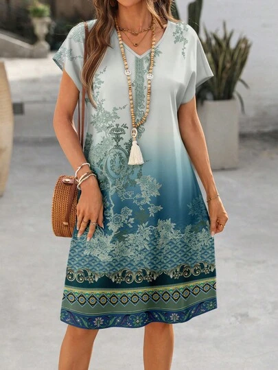 EMERY ROSE Dam vår/sommar midiklänning med blommigt retrotryck, geometriskt mönster