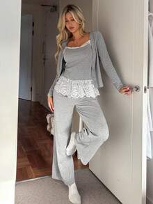 DAZY 3pcs Contrast Color Lace Patchwork Solid Knit Fabric Women Pajama Set - Grey - View 4