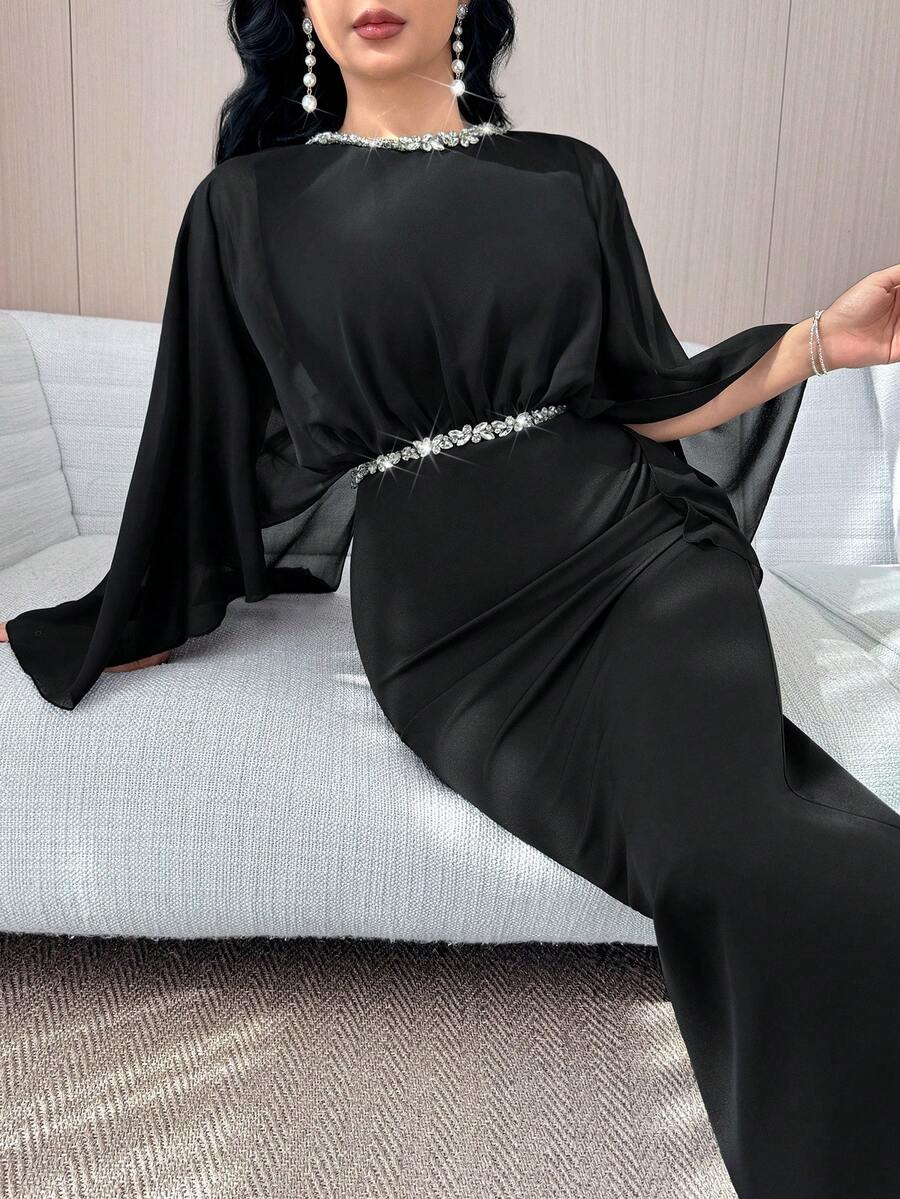 Modelyn Women's Round Neck Rhinestone Decor Mesh Splice Elegant Waist Cinched Long Party Dress - Black - View 1