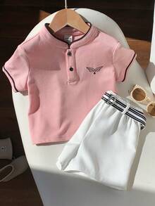SHEIN 2件套幼儿男童时尚可爱粉色短袖polo衫和白色短裤，配腰带，春夏男婴服装套装 - 粉色 - 查看 8