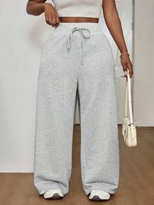 SHEIN PETITE CURVE 大码女式纯色抽绳腰阔腿宽松休闲运动裤，适合日常休闲、居家、运动、上学、通勤、户外活动，抽绳设计，春季百搭，适合外出、参加嘉年华等场合，休闲百搭，宽松舒适。 - 灰色 - 查看 5