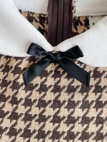 PrepCrw Abito da college a vita alta con motivo pied-de-poule, stile autunnale/invernale per ragazze giovani, con colletto a contrasto di colore - Caffè - Visualizzare 5