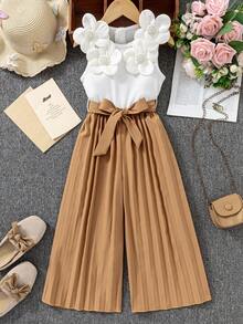 SHEIN Vintaside Kids 1pc 3D Floral Urban Casual Pleated Slim Jumpsuit, Comfortable For Outdoor Summer And Gatherings - Khaki - View 3