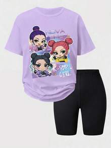 SHEIN ChillGRL Set de 2 piezas con camiseta de manga corta cómoda y estampada y shorts ajustados estampados, estilo de moda callejera para adolescentes, adecuado para salidas casuales - Multicolor - Ver 4