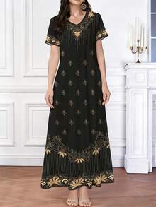 Al Najma Damen elegantes Kleid mit V-Ausschnitt und Kurzarm, mit floralem und fächerförmigem botanischem Muster, geeignet für Frühling/Sommer - Verschiedenfarbig - Übersicht 4