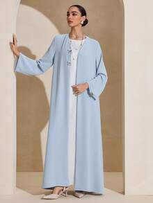 Yasmyna Casual Loose Butterfly Decor Long Sleeve Women Arabic Abaya - Blue - View 4