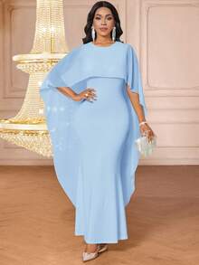 SHEIN Lady 女士纯色圆领披肩式修身优雅连衣裙 - 淺藍色 - 查看 6