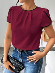 SHEIN LUNE 女士时尚休闲花瓣袖撞色圆领衬衫 - 紅色 - 查看 5