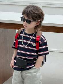 DAZY Camiseta de manga corta de cuello redondo holgada y casual con rayas para niño, verano - Azul Marino - Ver 2