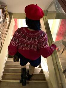 DAZY Crew Neck Jacquard Knit Sweater, Lazy Retro Loose Soft Style - Burgundy - View 2