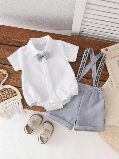 2pcs Baby Boys Short Sleeve Shirt And Jumpsuit Set With Bowtie, Middle Eastern Jacquard Pattern Ribbon Suspenders Shorts, Gentlemen Outfit Suitable For Festivals And Outdoor Activities, Summer