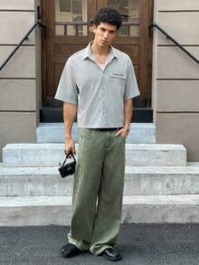 SWAVVY Men's Casual Striped Print Loose Fit Short Sleeve Shirt, Spring/Summer Men Vacation Men Shirt Co Ords Men Crop Button Up Cropped Men's Shirts Men's Boxy Shirts - Green - View 7