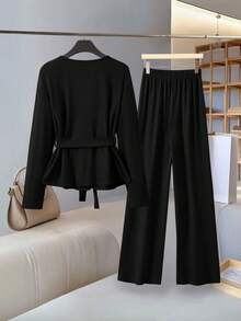 GlowEve 女士秋冬时尚加厚腰带上衣和裤子两件套 - 黑色 - 查看 2