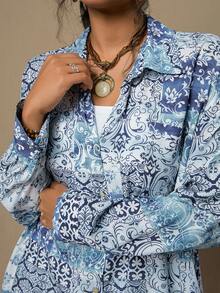 SHEIN VCAY 早春新款波西米亚风大码女式优雅蓝色花卉拼接衬衫，适合春季、节日、假日、商务休闲等场合，尽显优雅气质。 - 藍色 - 查看 5