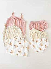 SHEIN 6件套女婴休闲日常双层雪纺可爱小熊碎花吊带背心搭配松紧腰三角短裤套装，适合户外玩耍或居家舒适穿着，夏季 - 彩色 - 查看 3