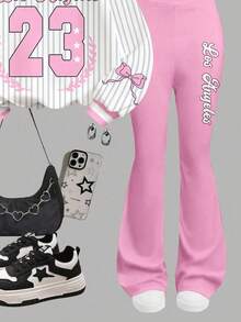 SHEIN Leap Crew 复古运动风，亮粉色芭蕾舞蝴蝶结条纹字母28针织印花，青少年女孩休闲加厚柔软保暖圆领字母图案宽松卫衣和喇叭裤两件套，秋季穿搭，轻松舒适，适合儿童秋季叠穿，时尚童装，休闲服饰，儿童图案服装，返校季，秋季服装，返校节，适合户外野餐、街头摄影、居家、校园穿着 - 彩色 - 查看 4