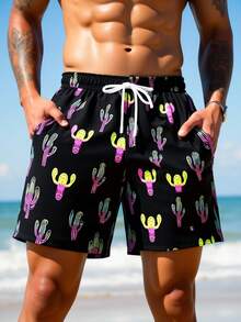 Manfinity Swimmode Men's Summer Casual Vacation Style Loose Fit Cactus Print Drawstring Waist Slant Pocket Beach Shorts - Black - View 4