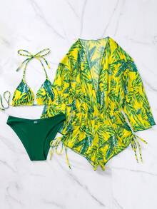 Bộ đồ bơi nữ mùa hè đi biển, 3 món, họa tiết nhiệt đới ngẫu nhiên, kiểu yếm buộc dây bên hông. - Màu vàng - Xem 2