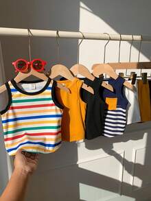 SHEIN 8件套男女宝宝纯色及撞色无袖针织背心短裤套装，春夏男宝宝服装，套装 - 彩色 - 查看 7